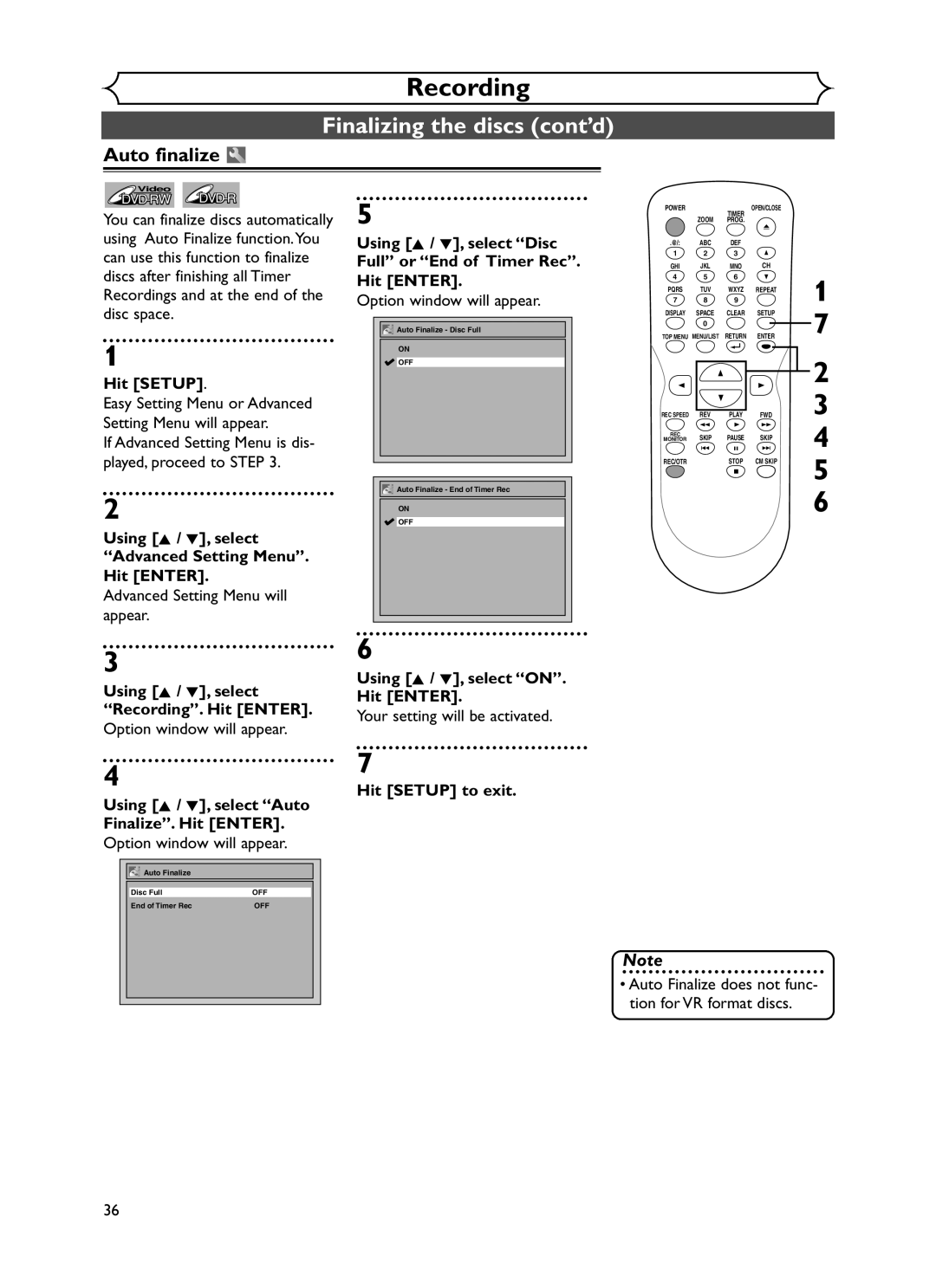 Sylvania DVR90DF owner manual Finalizing the discs cont’d, Auto finalize 