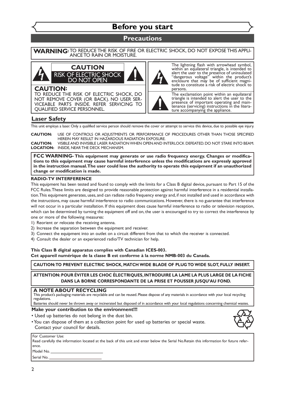 Sylvania DVR90DF owner manual Before you start, Precautions, Laser Safety, Make your contribution to the environment 