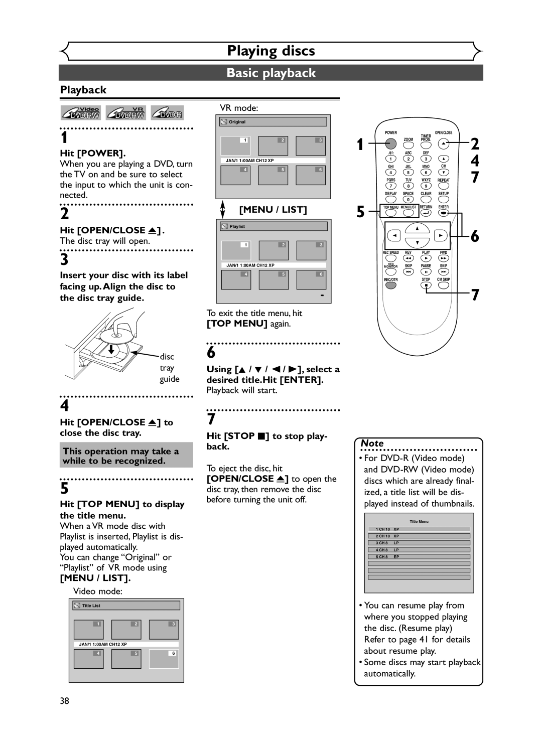 Sylvania DVR90DF owner manual Basic playback, Playback, Hit Stop C to stop play- back 