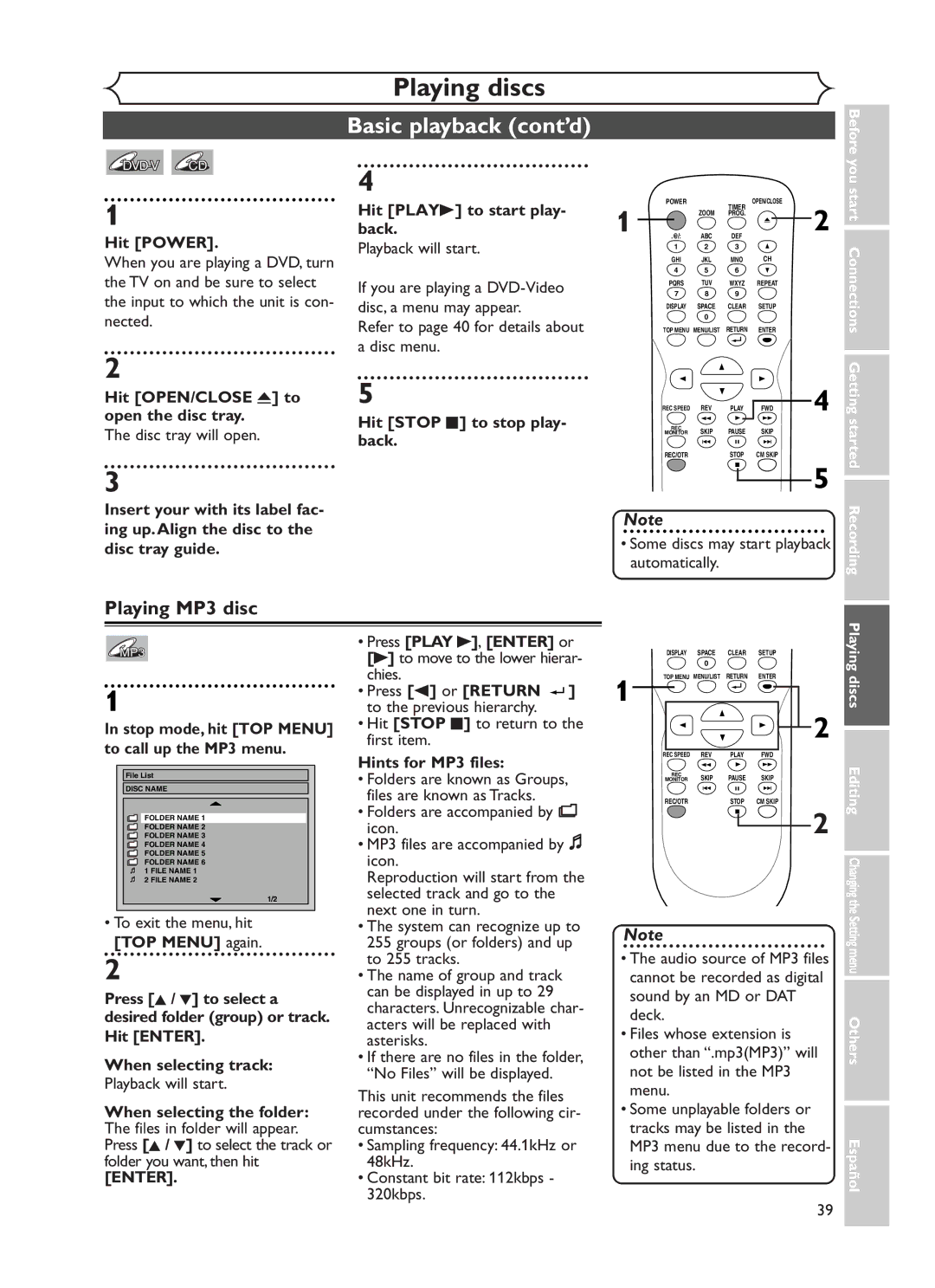 Sylvania DVR90DF owner manual Basic playback cont’d, Playing MP3 disc, Hit Playb to start play- back, When selecting track 