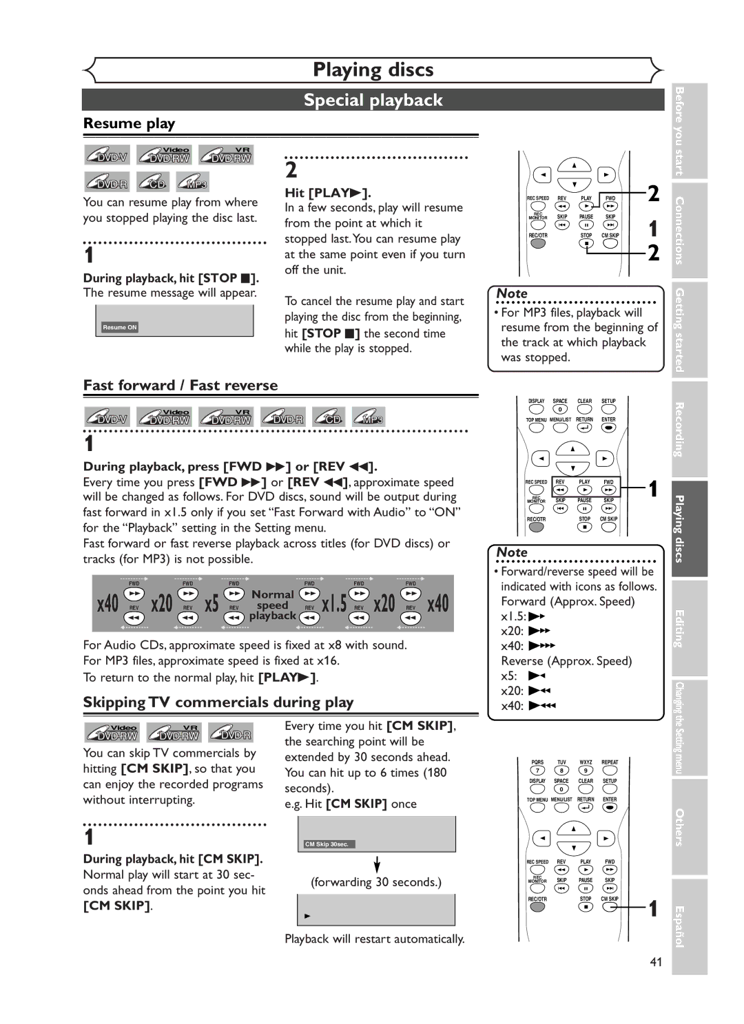 Sylvania DVR90DF Special playback, Resume play, Fast forward / Fast reverse, X1.5, Skipping TV commercials during play 