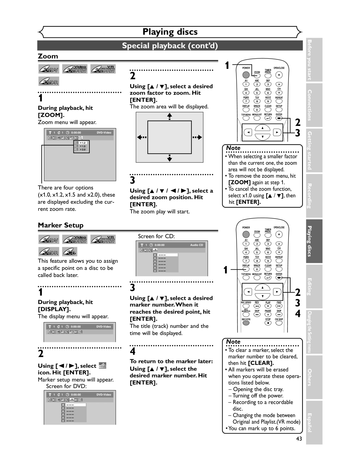 Sylvania DVR90DF owner manual Marker Setup, During playback, hit Zoom, During playback, hit Display 