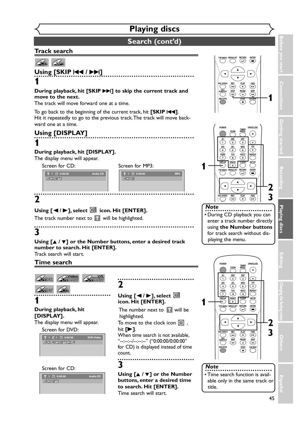 Sylvania DVR90DF owner manual Search cont’d, Track search, Time search 