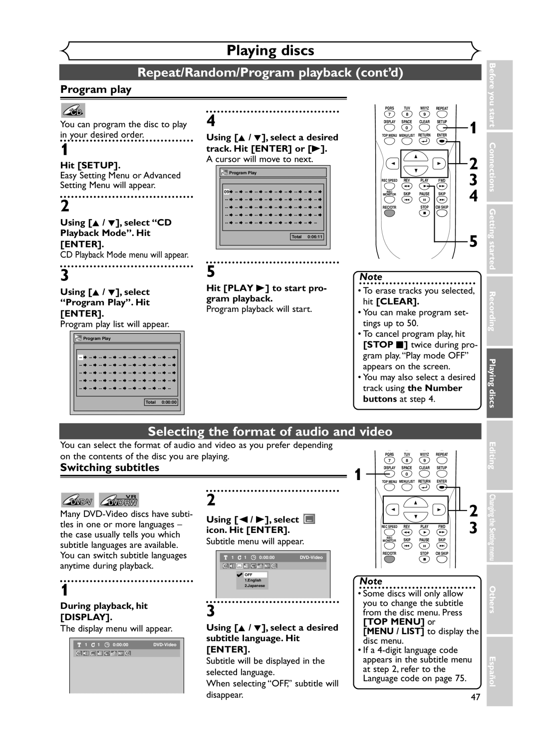 Sylvania DVR90DF Repeat/Random/Program playback cont’d, Selecting the format of audio and video, Switching subtitles 