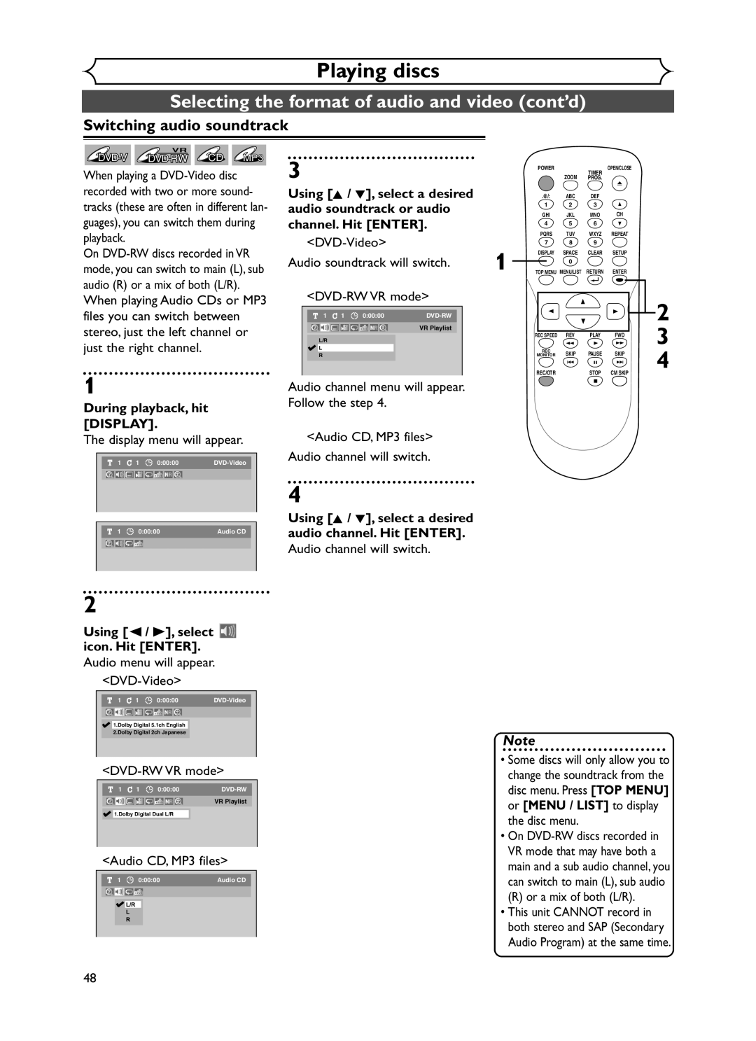 Sylvania DVR90DF owner manual Selecting the format of audio and video cont’d, Switching audio soundtrack 