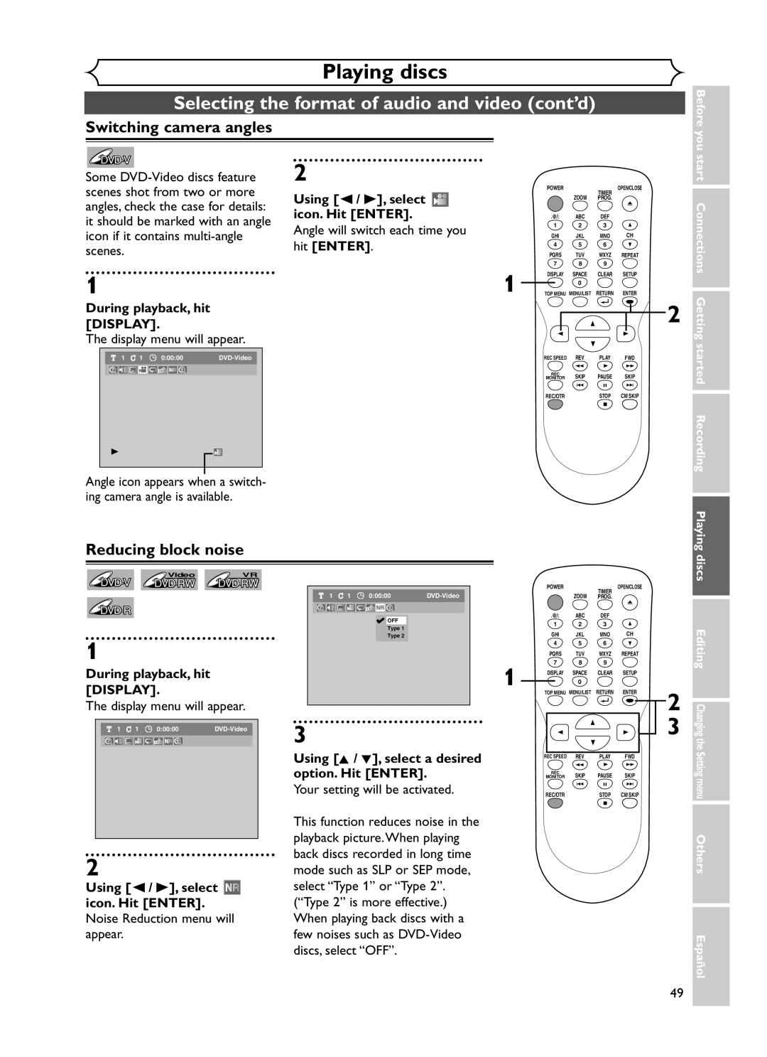 Sylvania DVR90DF owner manual Switching camera angles, Reducing block noise, Angle will switch each time you 