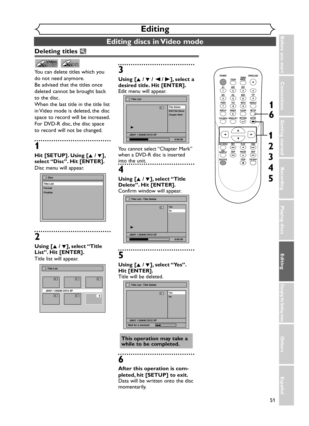 Sylvania DVR90DF owner manual Editing discs in Video mode, Deleting titles 