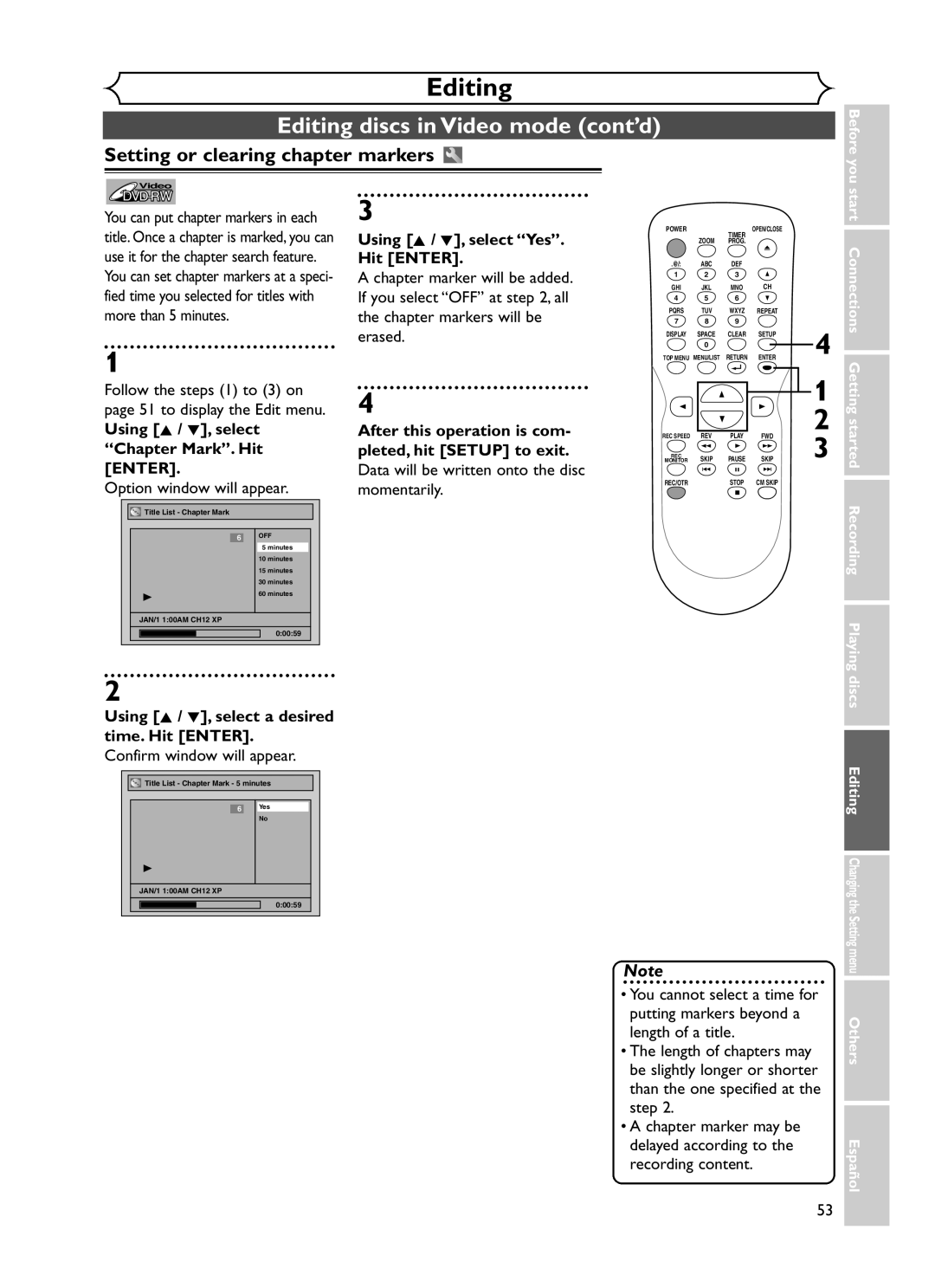 Sylvania DVR90DF owner manual Setting or clearing chapter markers, Chapter Mark. Hit Enter 