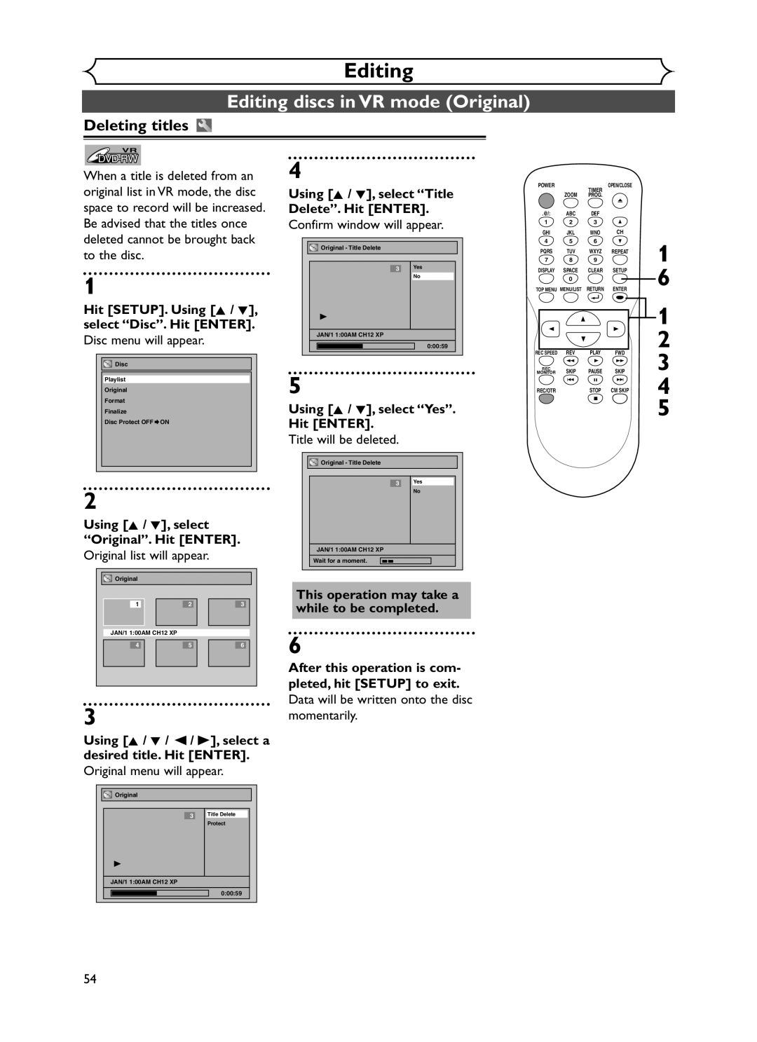 Sylvania DVR90DF Editing discs in VR mode Original, Using K / L, select Original. Hit Enter, Original list will appear 