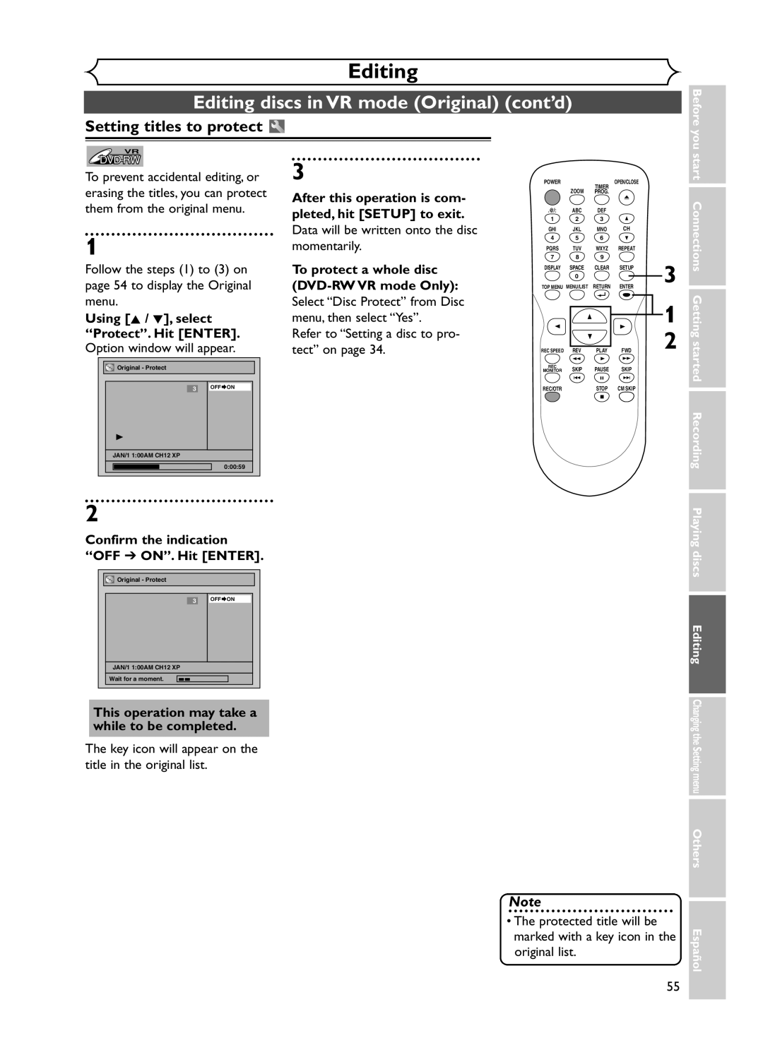 Sylvania DVR90DF owner manual Editing discs in VR mode Original cont’d, Setting titles to protect 