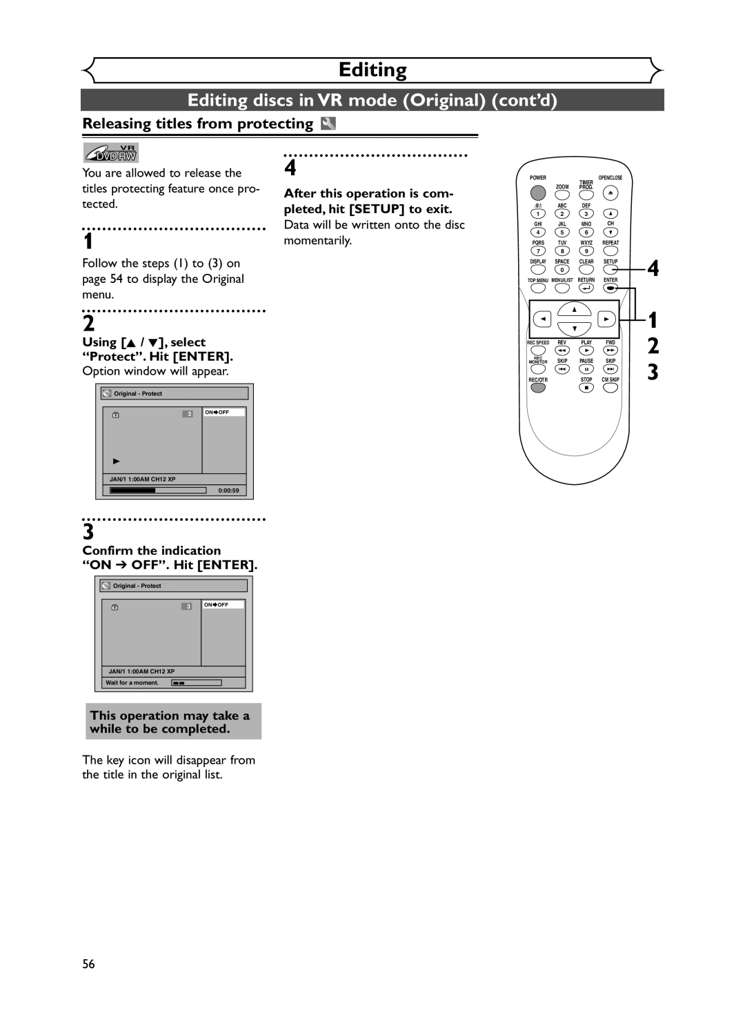 Sylvania DVR90DF owner manual Releasing titles from protecting, Confirm the indication On OFF. Hit Enter 