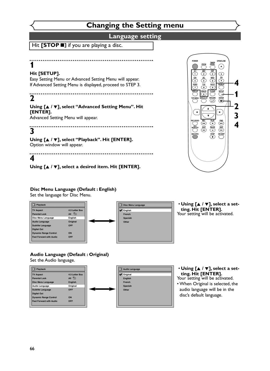 Sylvania DVR90DF Language setting, Using K / L, select Playback. Hit Enter, Using K / L, select a set Ting. Hit Enter 