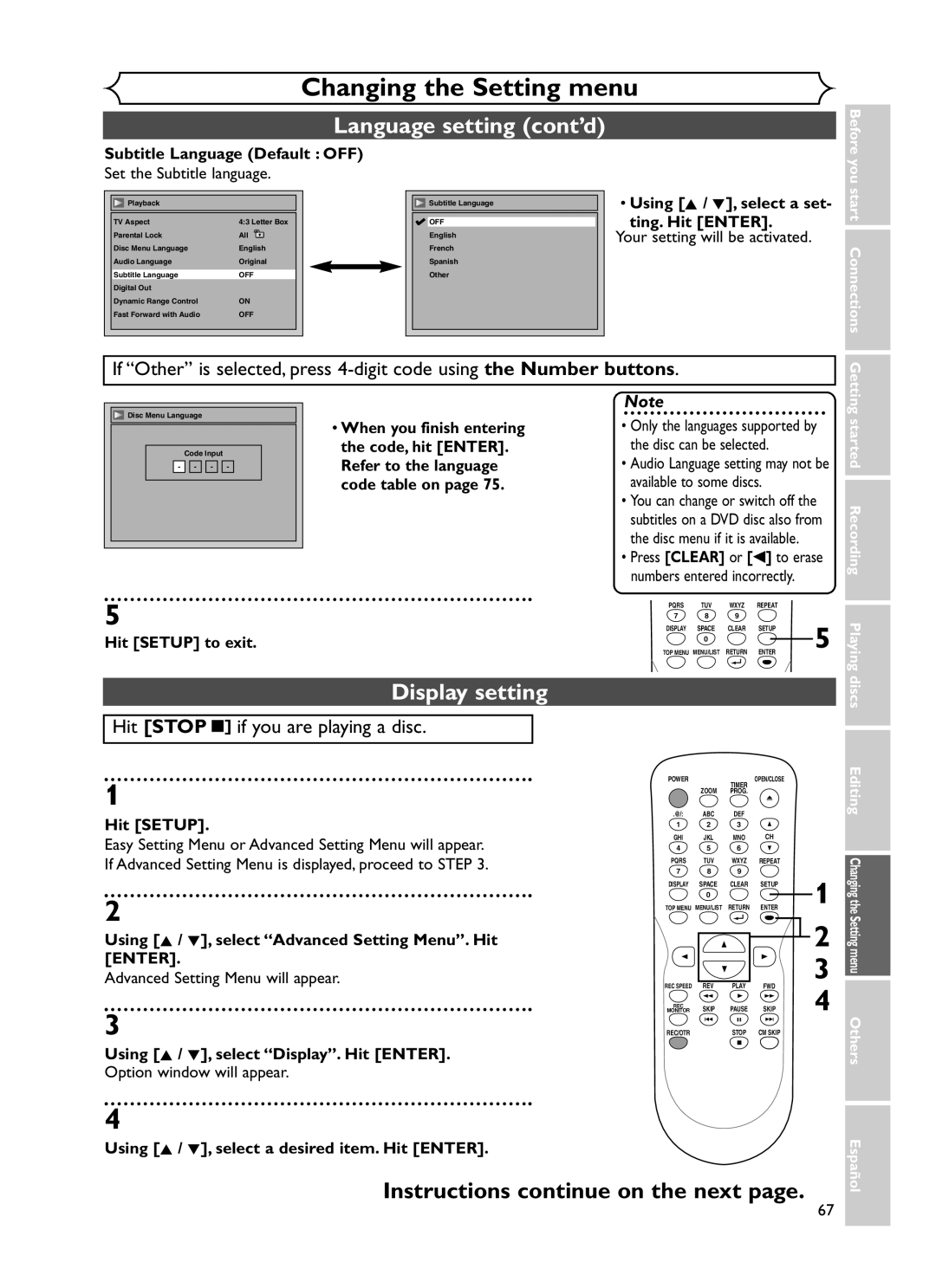 Sylvania DVR90DF owner manual Language setting cont’d, Display setting, Subtitle Language Default OFF 