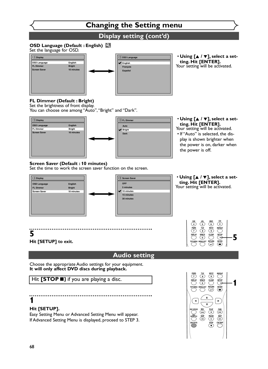 Sylvania DVR90DF Audio setting, OSD Language Default English Set the language for OSD, Screen Saver Default 10 minutes 