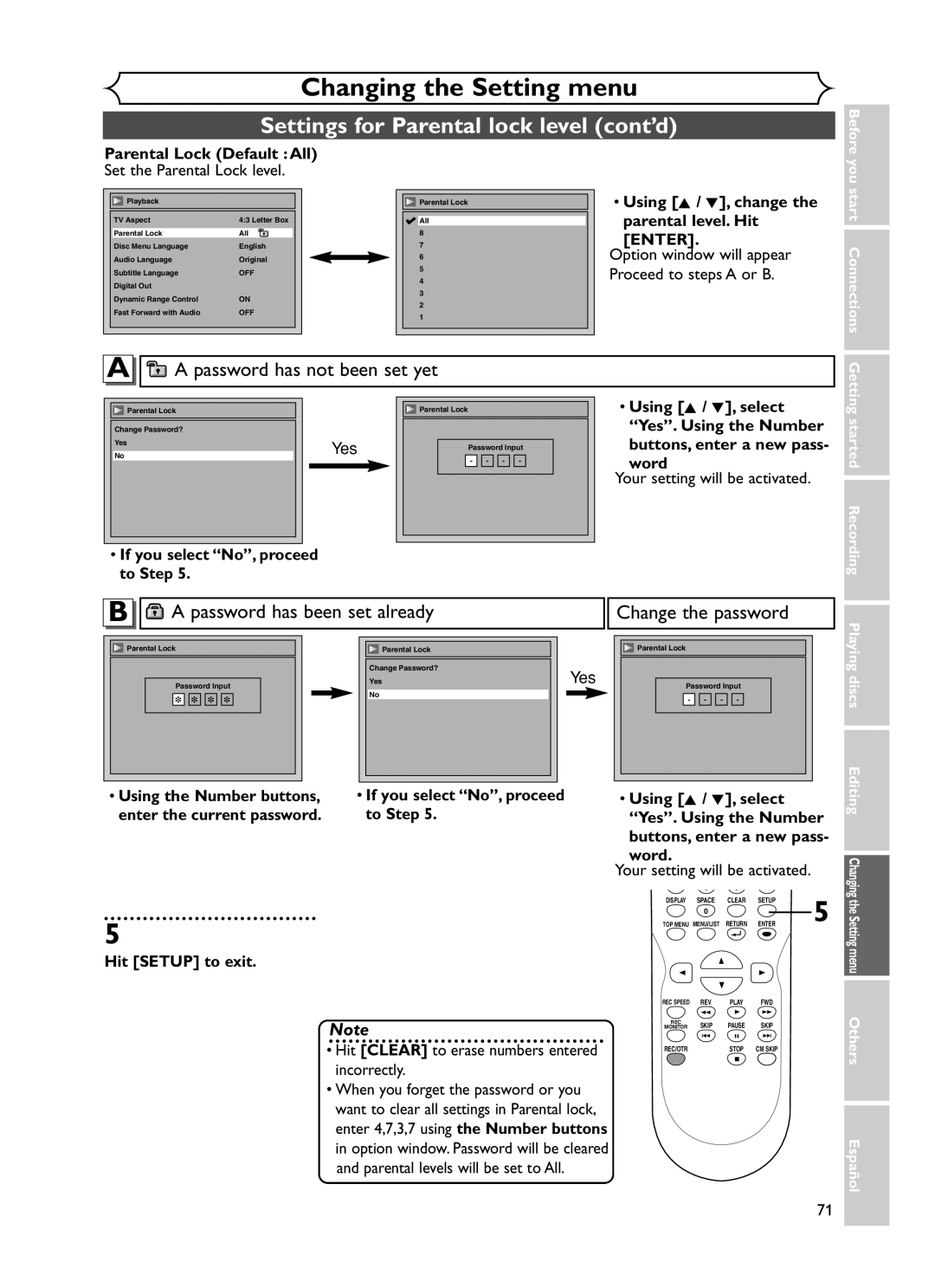 Sylvania DVR90DF owner manual Settings for Parental lock level cont’d, Password has not been set yet 