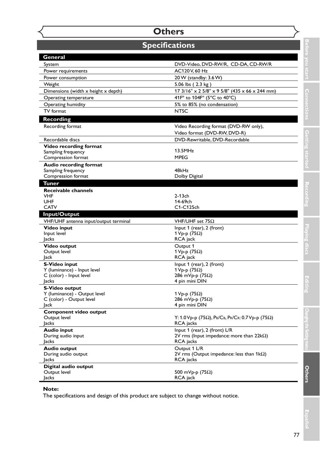 Sylvania DVR90DF owner manual Specifications, General 