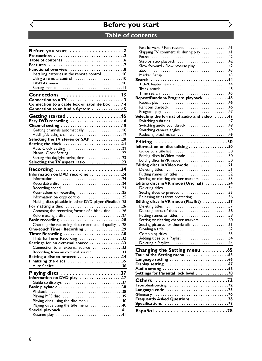 Sylvania DVR90DF owner manual Table of contents 