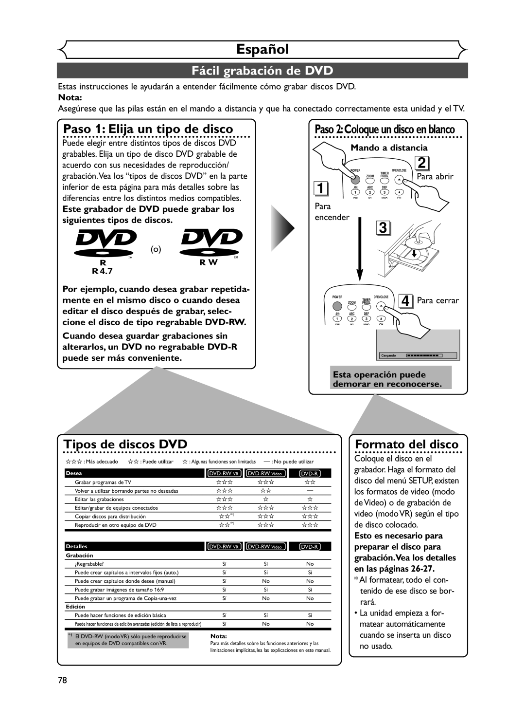 Sylvania DVR90DF owner manual Español, Fácil grabación de DVD 