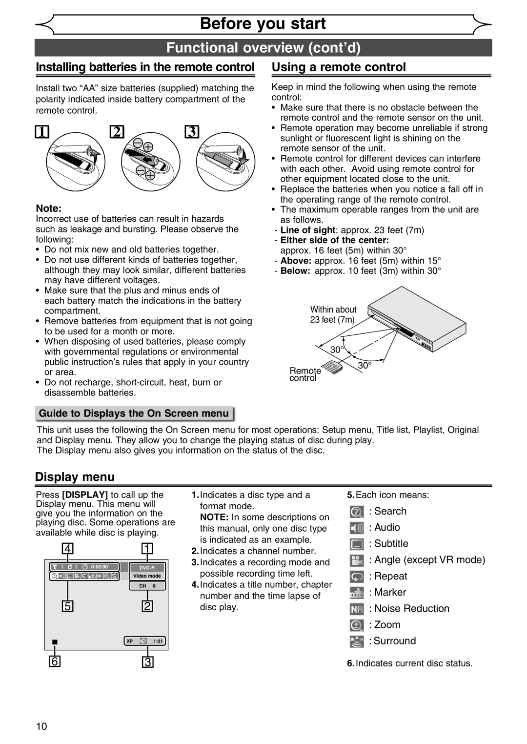 Sylvania DVR90DG owner manual Installing batteries in the remote control, Using a remote control, Display menu 