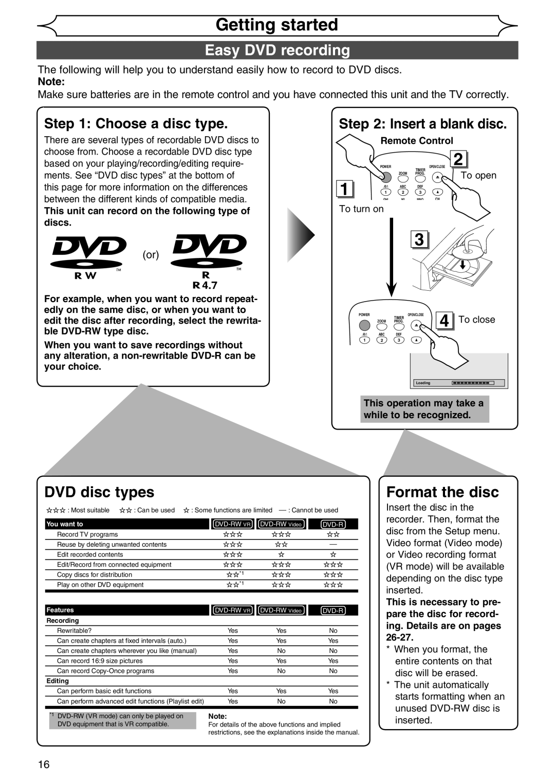 Sylvania DVR90DG owner manual Getting started, Easy DVD recording 