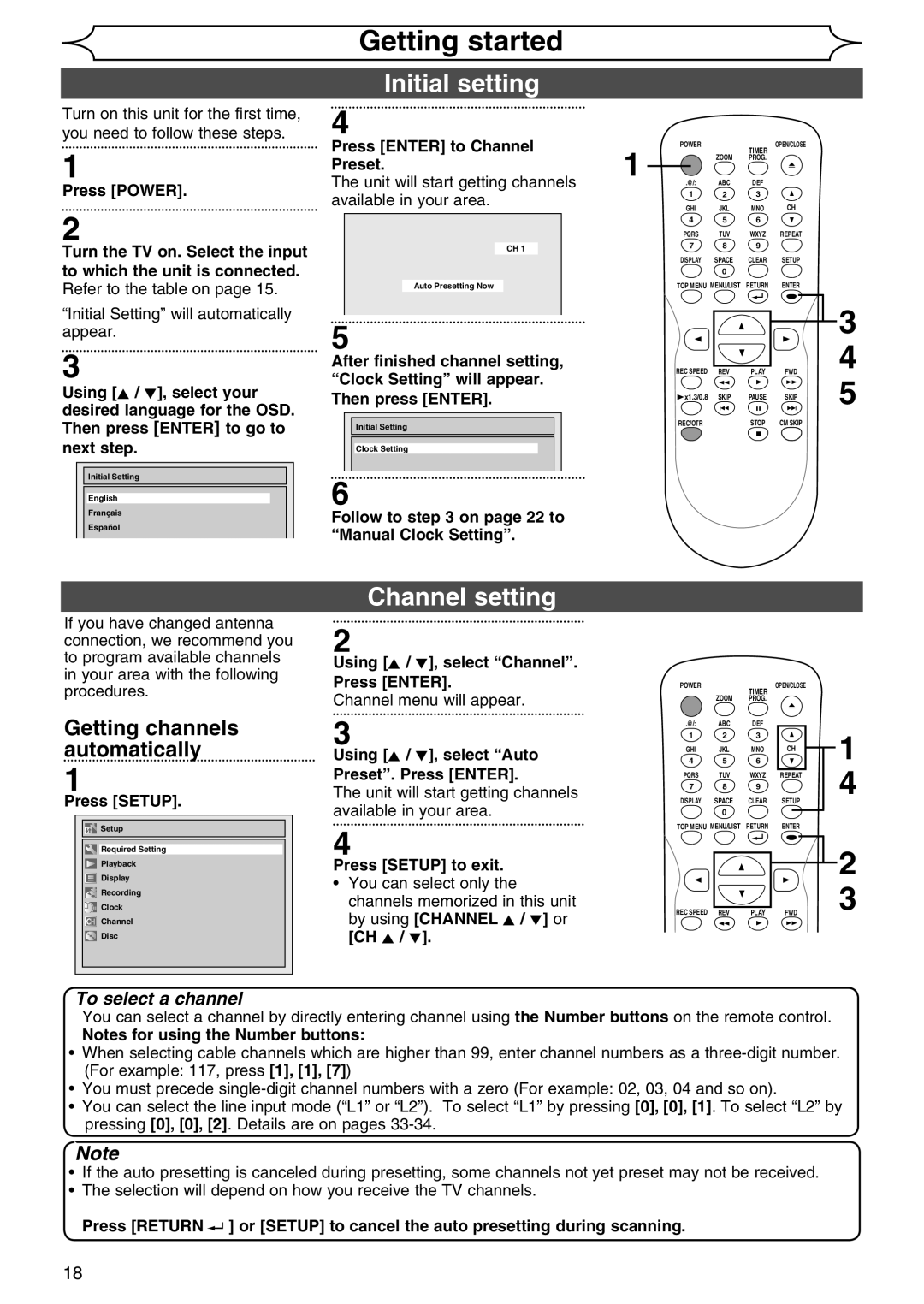 Sylvania DVR90DG owner manual Initial setting, Channel setting 