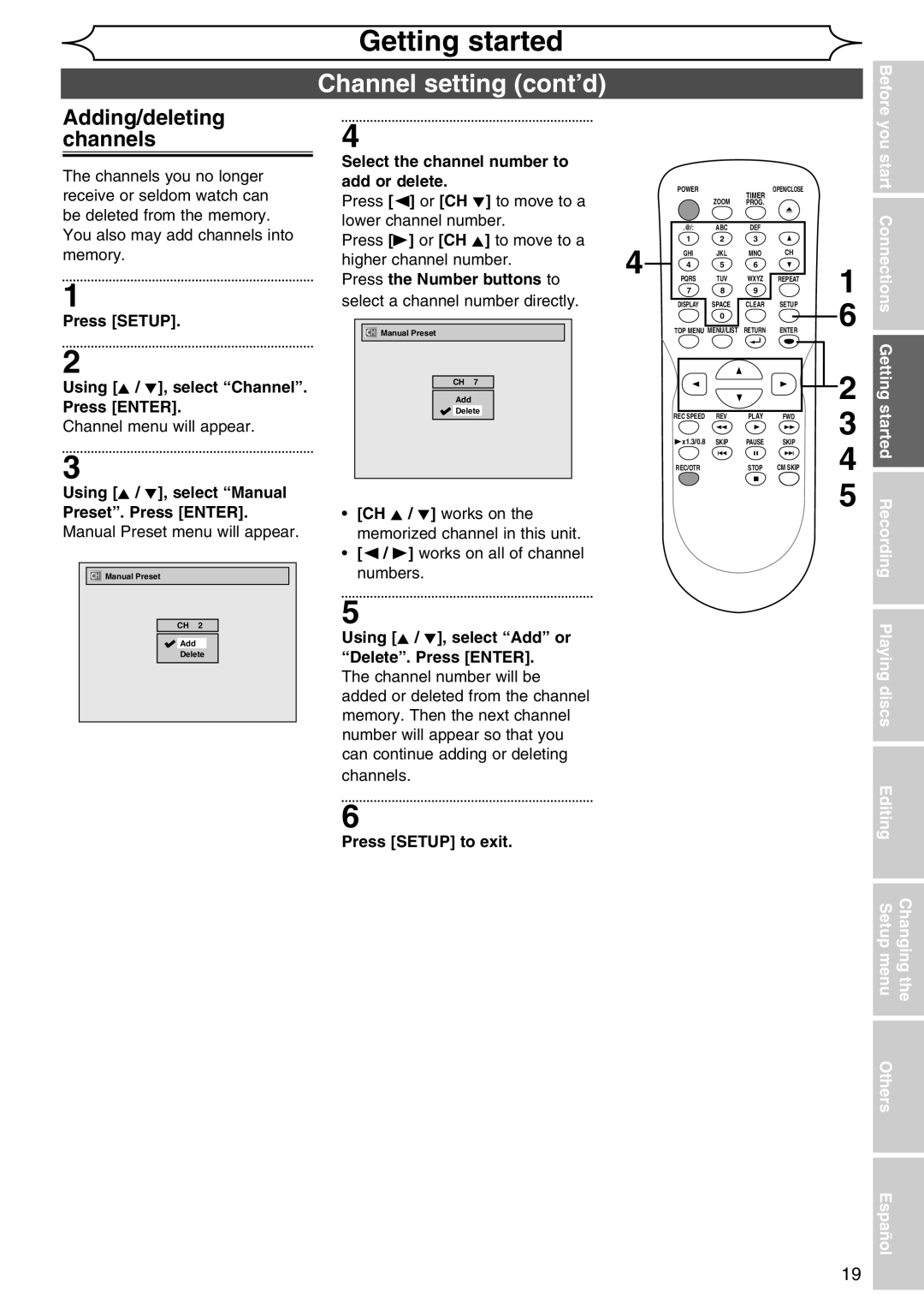 Sylvania DVR90DG owner manual Channel setting cont’d, Adding/deleting channels 