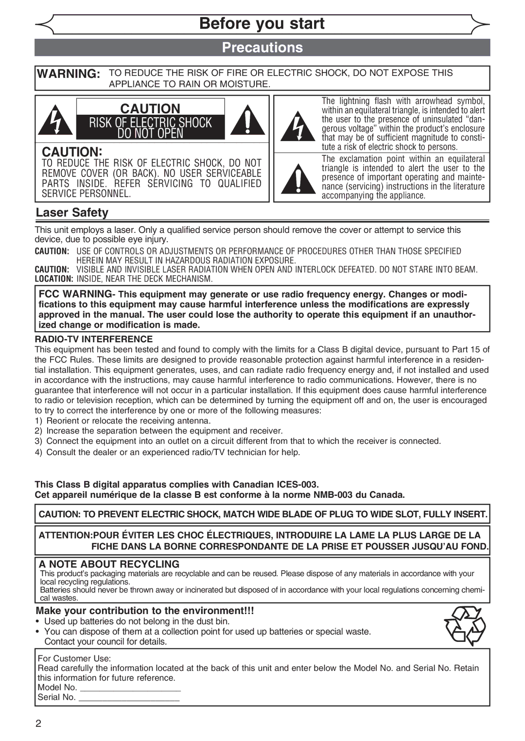 Sylvania DVR90DG owner manual Before you start, Precautions, Laser Safety, Make your contribution to the environment 