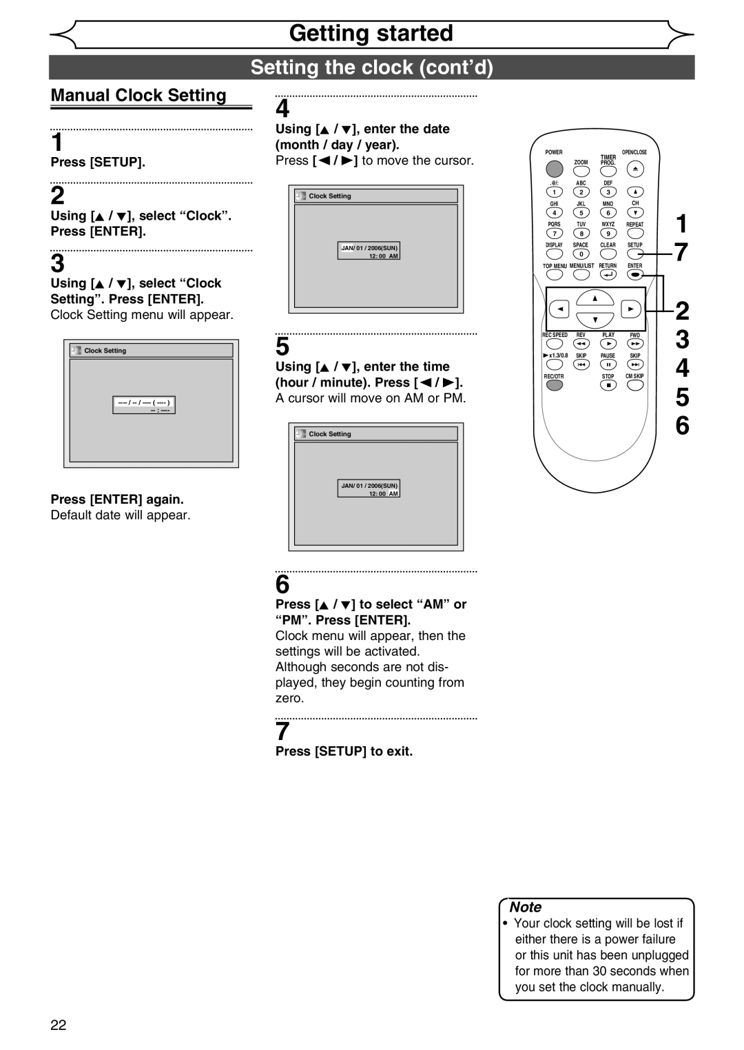 Sylvania DVR90DG owner manual Setting the clock cont’d, Manual Clock Setting, Press Enter again 