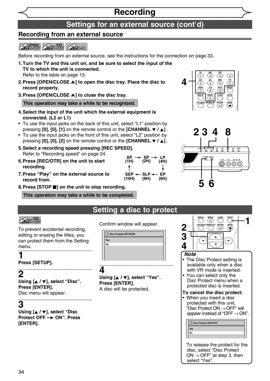 Sylvania DVR90DG Settings for an external source cont’d, Setting a disc to protect, Recording from an external source 