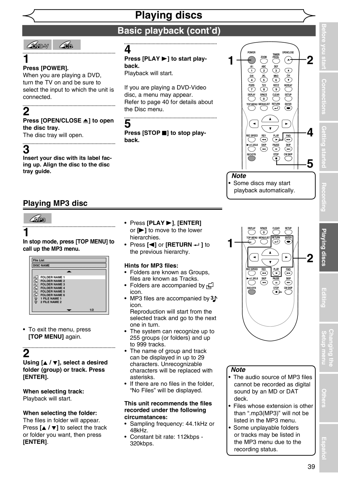 Sylvania DVR90DG owner manual Basic playback cont’d, Playing MP3 disc, Started, Discs, Setup menu Changing 