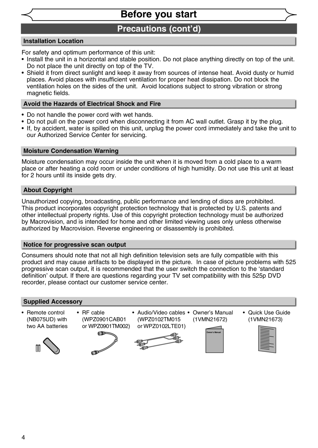 Sylvania DVR90DG Installation Location, Avoid the Hazards of Electrical Shock and Fire, Moisture Condensation Warning 