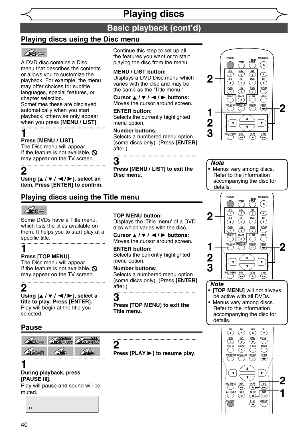 Sylvania DVR90DG Playing discs using the Disc menu, Playing discs using the Title menu, Press Play B to resume play 