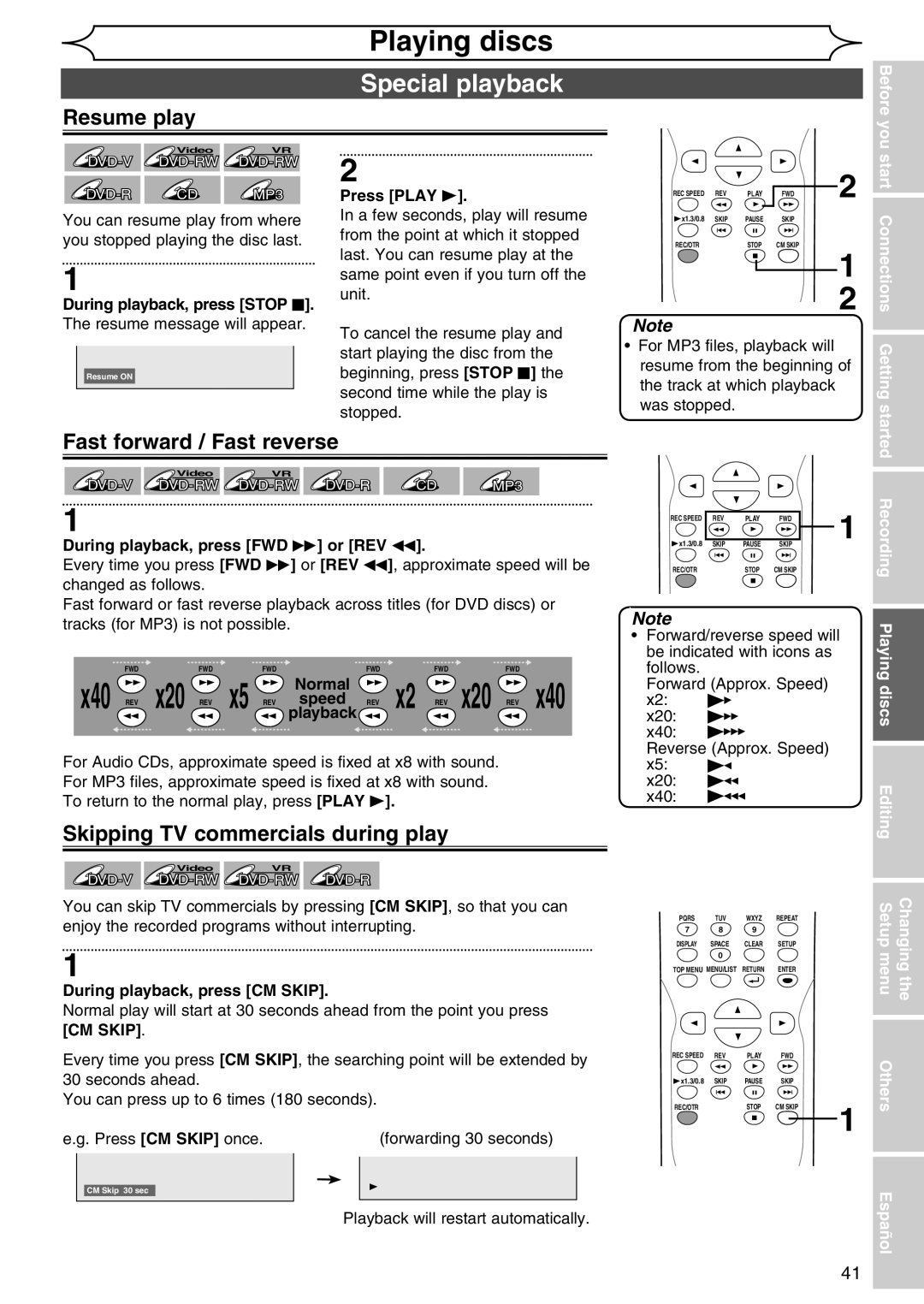 Sylvania DVR90DG owner manual Special playback, Resume play, Skipping TV commercials during play, X40 