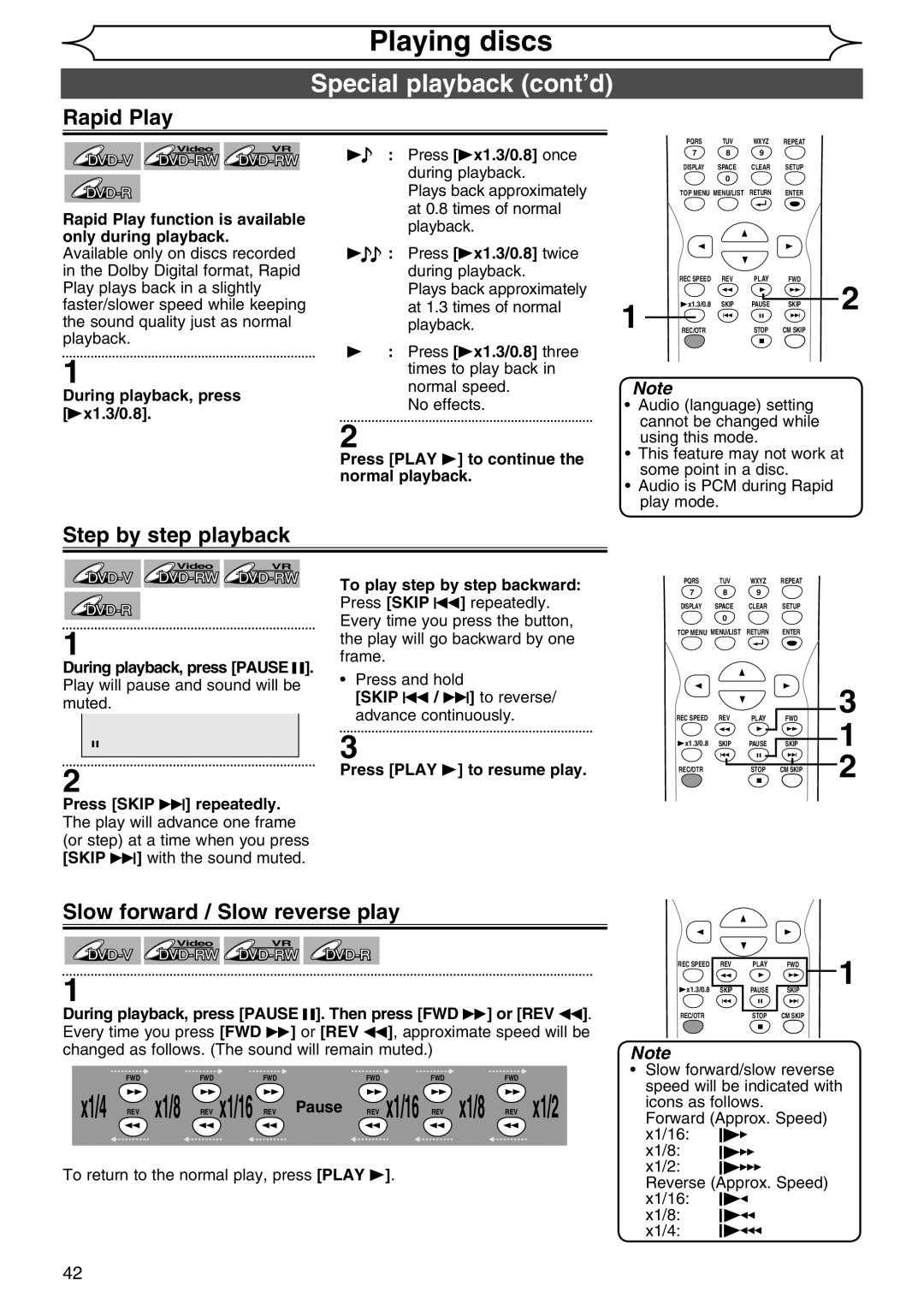 Sylvania DVR90DG owner manual Special playback cont’d, Rapid Play, Step by step playback, Slow forward / Slow reverse play 