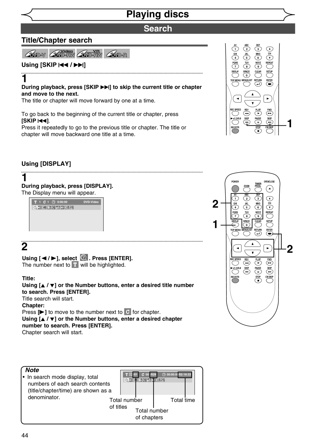 Sylvania DVR90DG owner manual Search, Title/Chapter search, Using Skip H / G, Using Display 