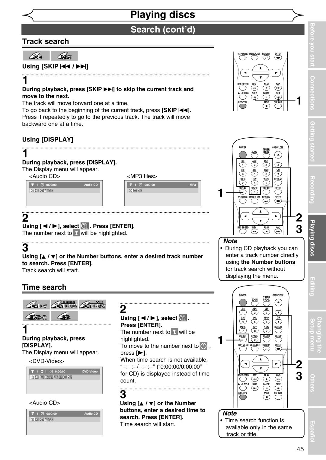 Sylvania DVR90DG Search cont’d, Track search, Time search, During CD playback you can, Enter a track number directly 