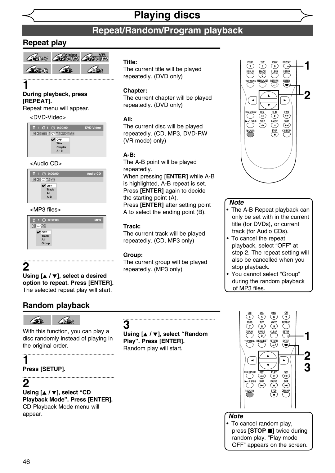 Sylvania DVR90DG owner manual Repeat/Random/Program playback, Repeat play, Random playback 