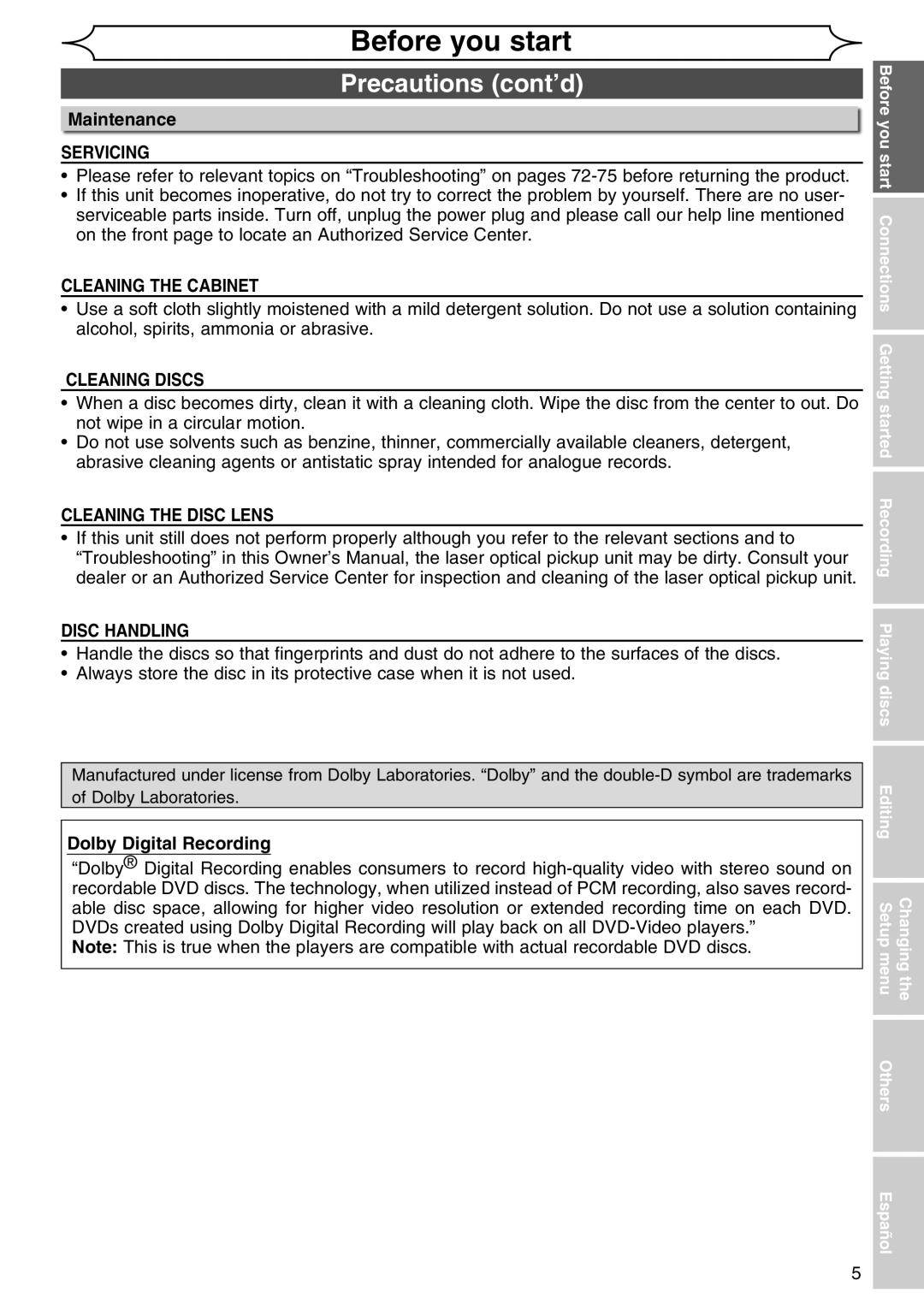 Sylvania DVR90DG owner manual Maintenance, Dolby Digital Recording, Changing the Editing Setup menu Others Español 