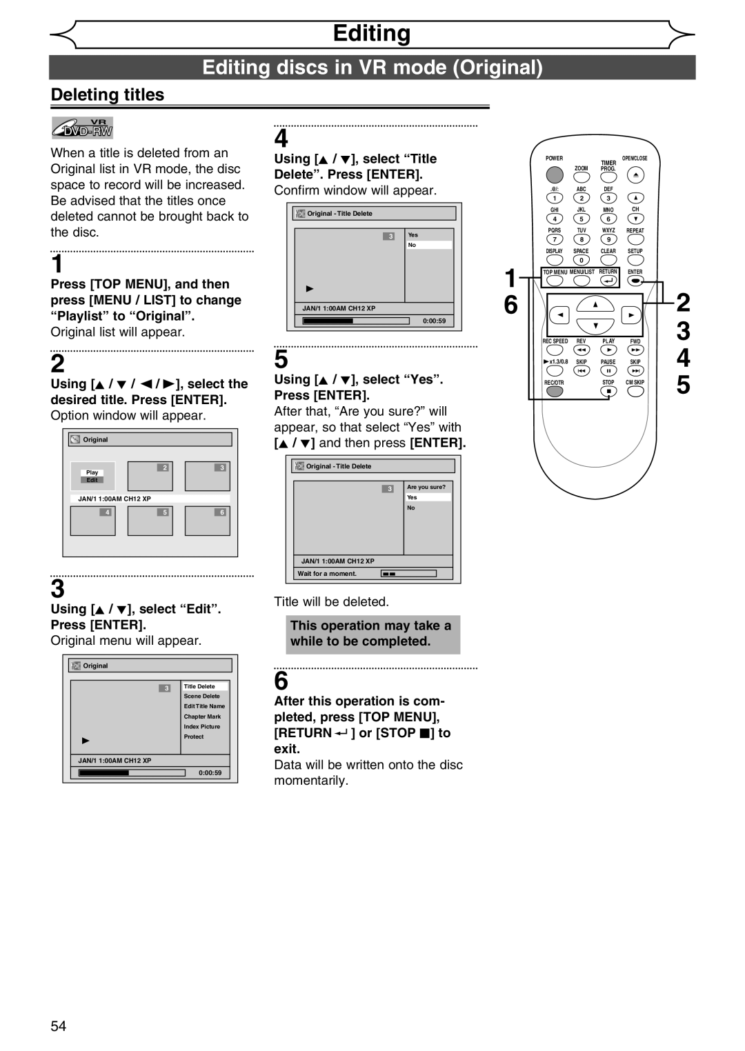 Sylvania DVR90DG owner manual Editing discs in VR mode Original, Original list will appear, Original menu will appear 