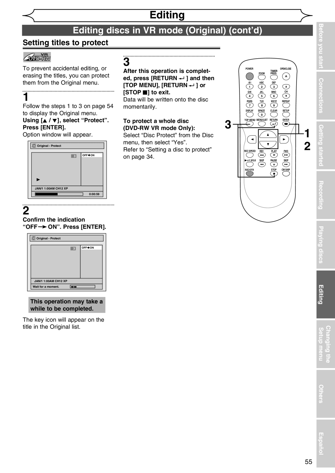 Sylvania DVR90DG Editing discs in VR mode Original cont’d, Setting titles to protect, Refer to Setting a disc to protect 