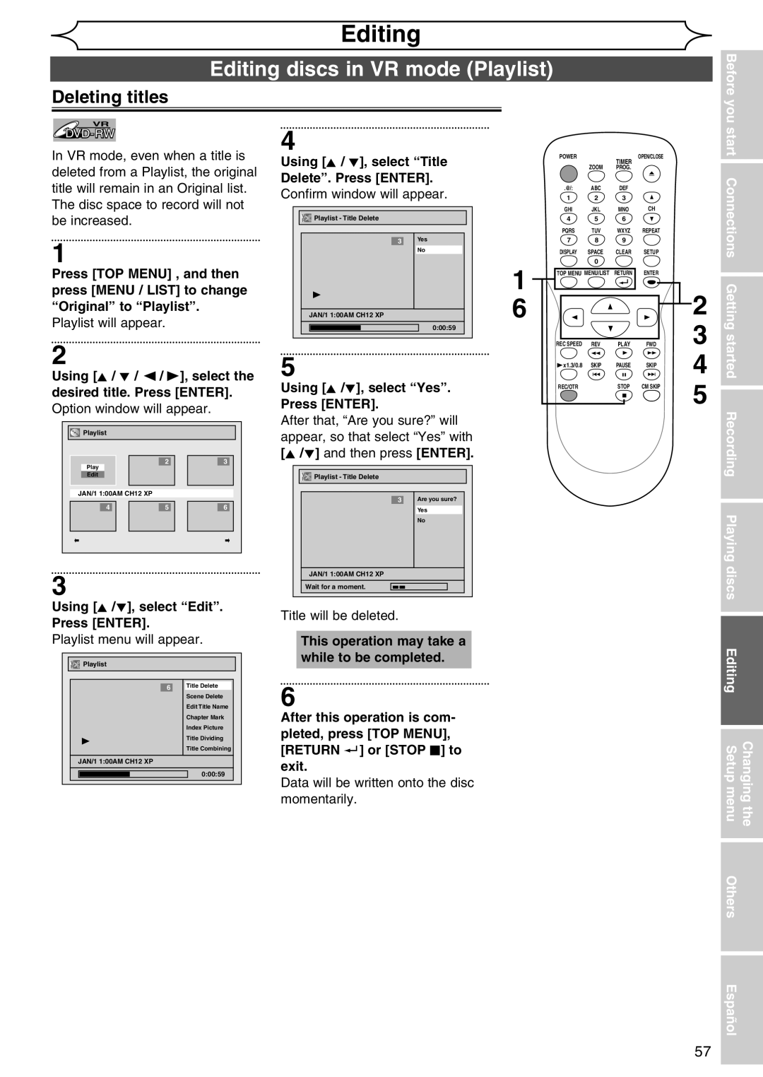 Sylvania DVR90DG owner manual Editing discs in VR mode Playlist, Using K / L, select Title Delete. Press Enter 