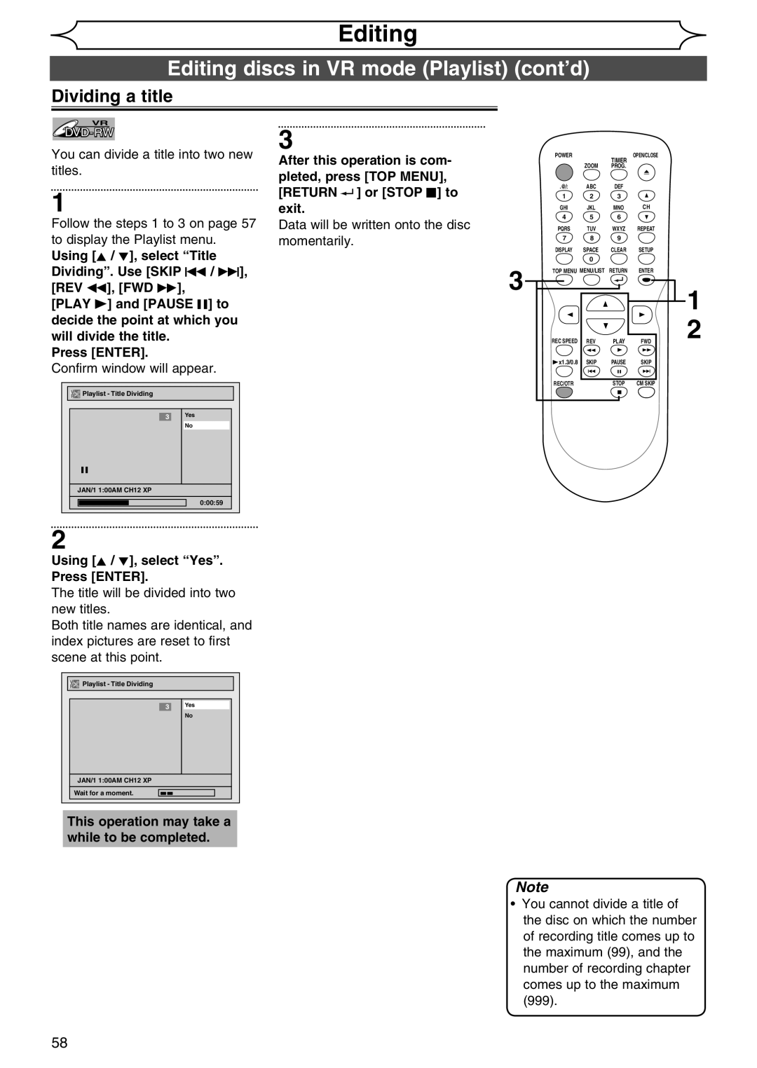 Sylvania DVR90DG owner manual Editing discs in VR mode Playlist cont’d, Dividing a title 