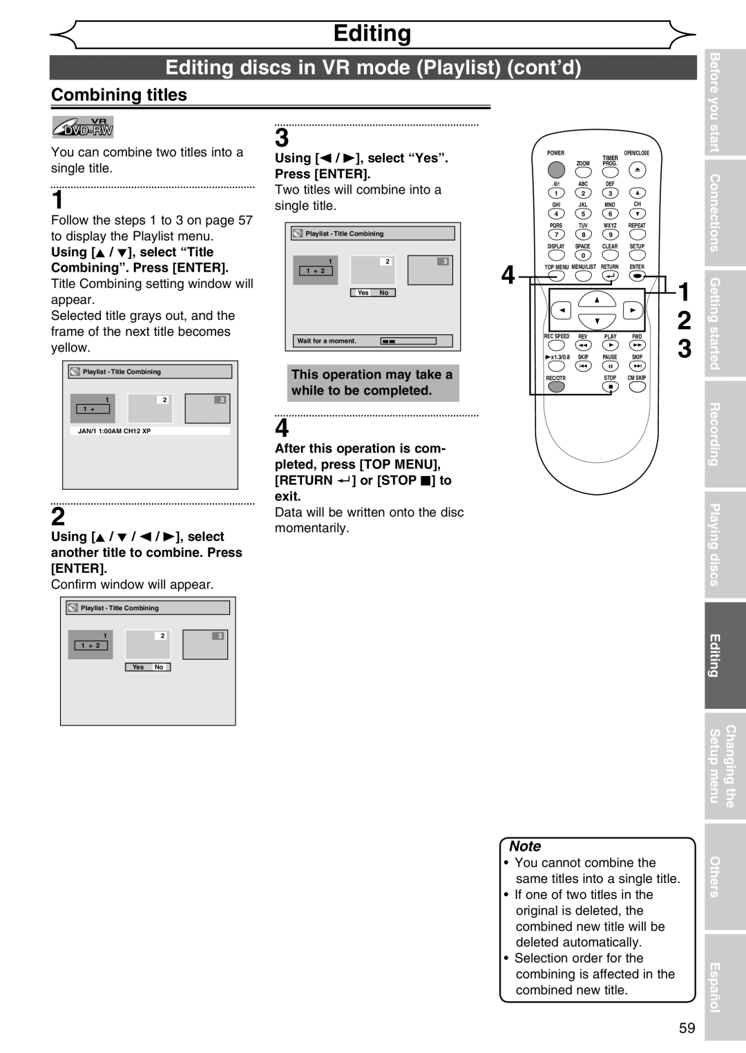 Sylvania DVR90DG Combining titles, Using s / B, select Yes, You start, Using K / L, select Title Combining. Press Enter 