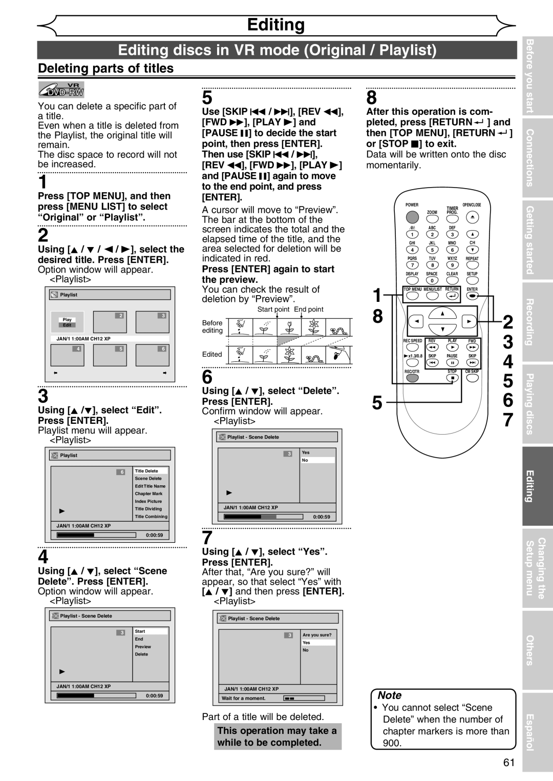 Sylvania DVR90DG owner manual Editing discs in VR mode Original / Playlist, Deleting parts of titles 