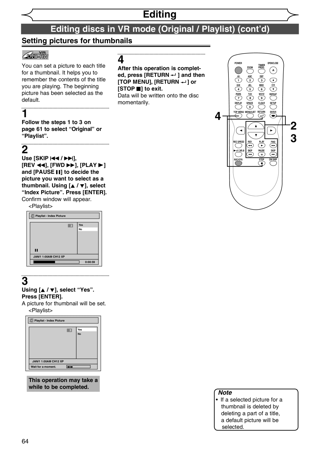 Sylvania DVR90DG owner manual Setting pictures for thumbnails, Picture for thumbnail will be set. Playlist 