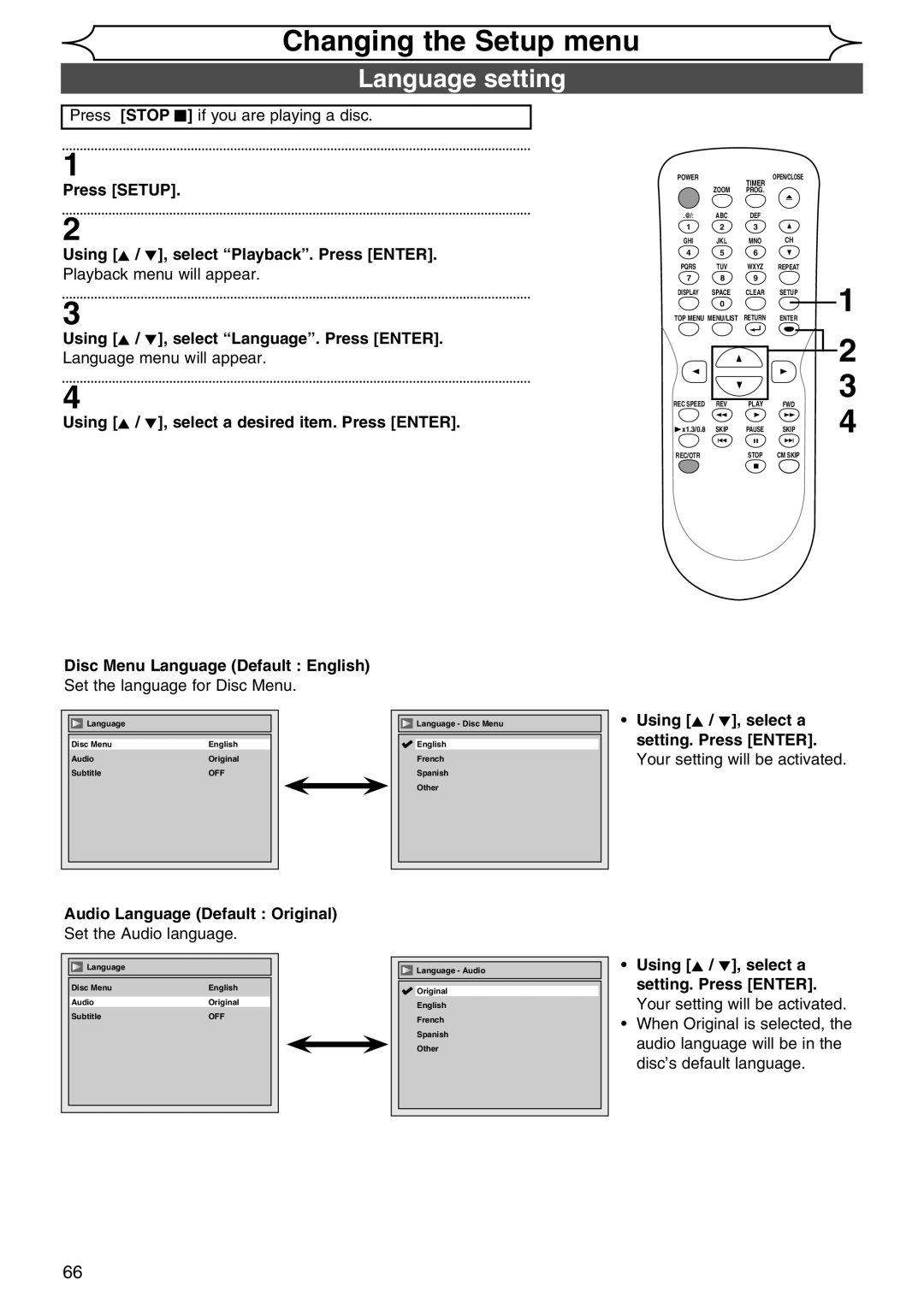 Sylvania DVR90DG owner manual Language setting, Press Setup Using K / L, select Playback. Press Enter 