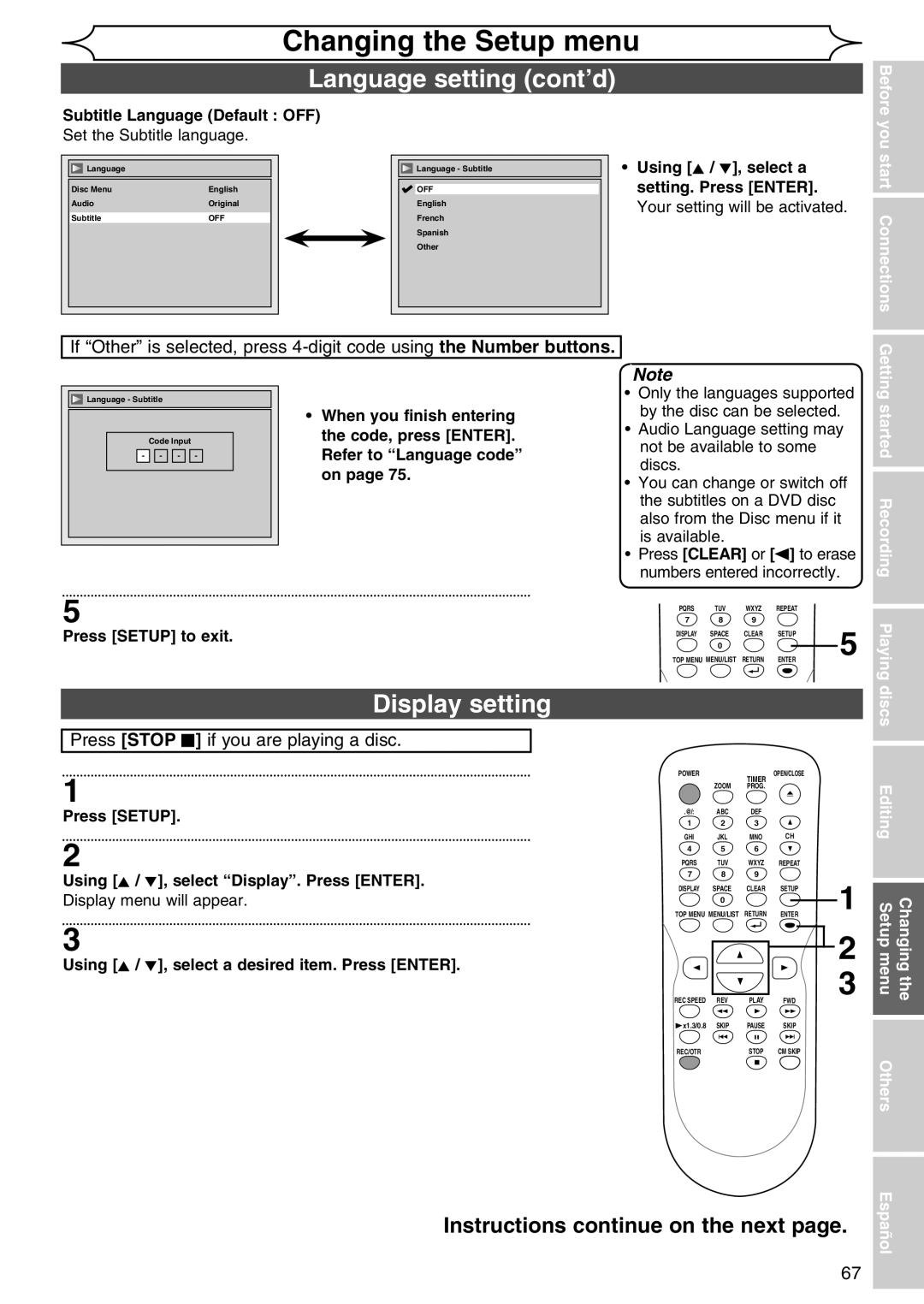 Sylvania DVR90DG owner manual Language setting cont’d, Display setting, Instructions continue on the next 