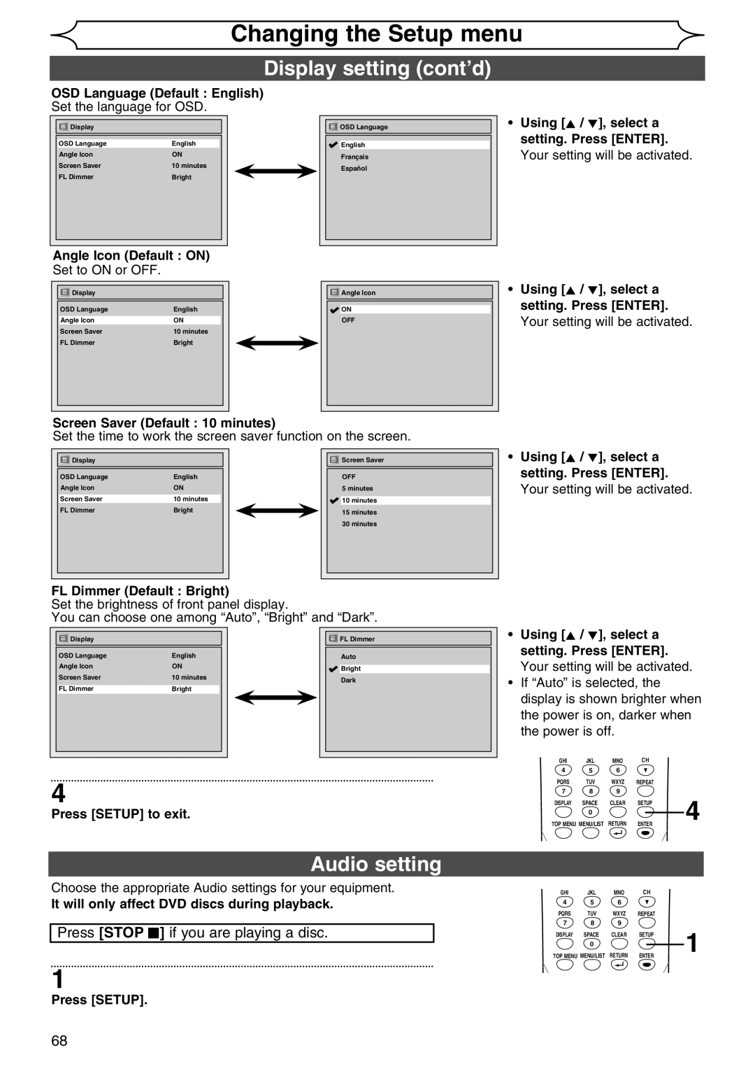 Sylvania DVR90DG owner manual Display setting cont’d, Audio setting 