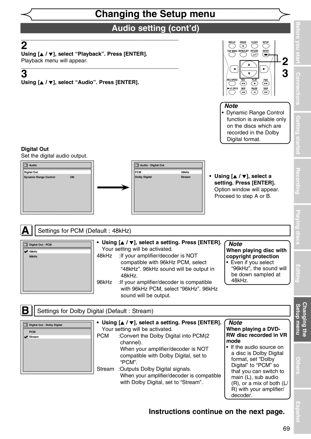 Sylvania DVR90DG owner manual Audio setting cont’d, Using K / L, select Audio. Press Enter Digital Out, Menu Others 