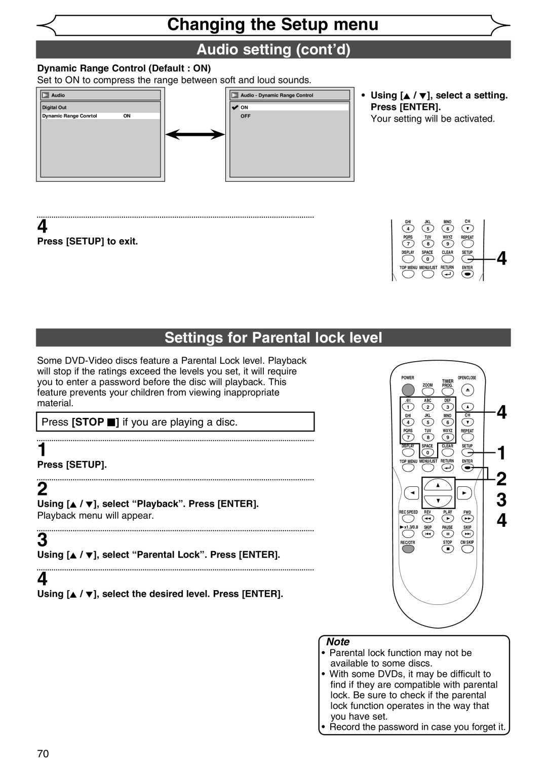 Sylvania DVR90DG owner manual Settings for Parental lock level, Dynamic Range Control Default on 